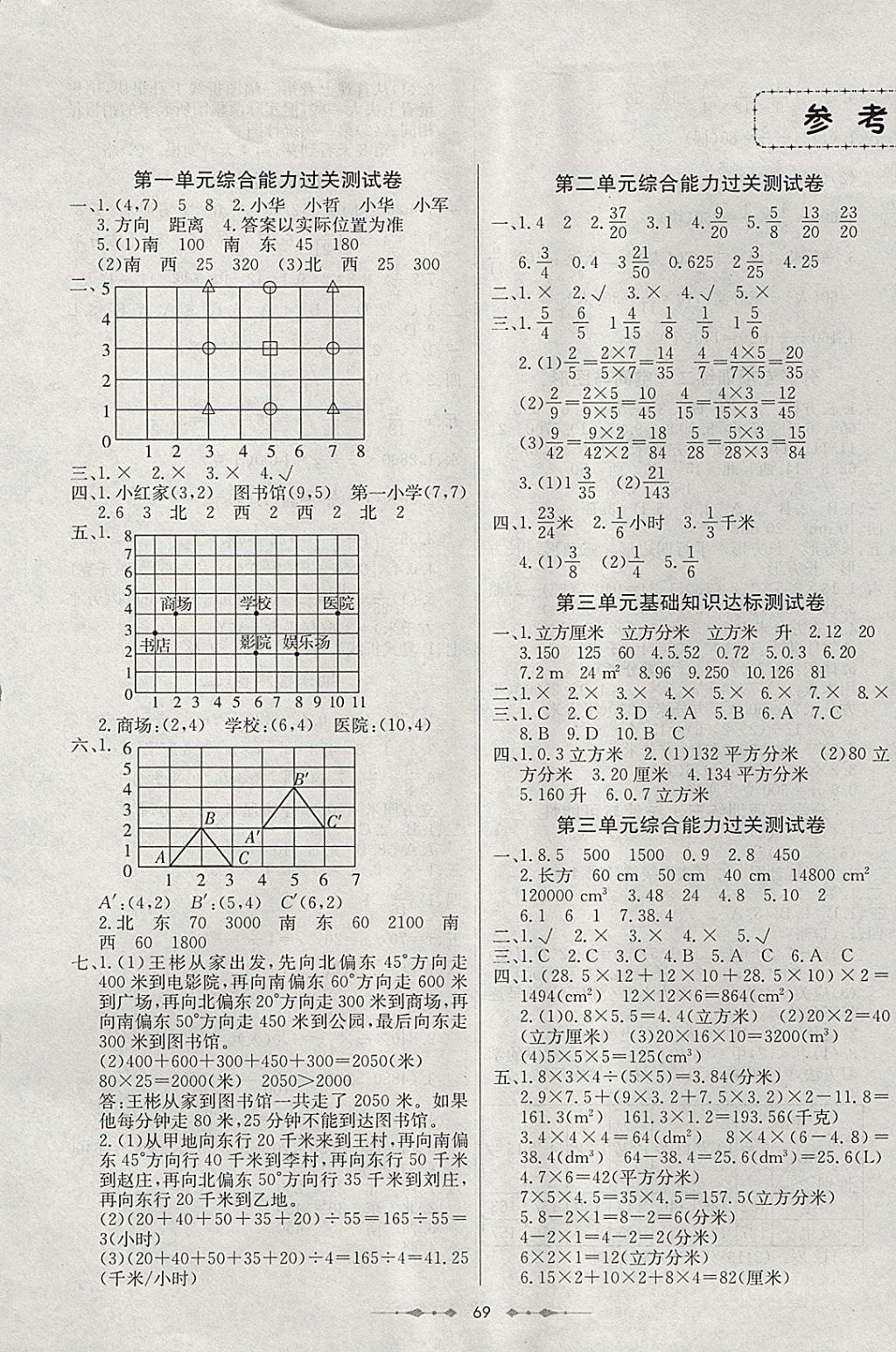 2017年金卷1号五年级数学上册青岛版五四制 参考答案第1页