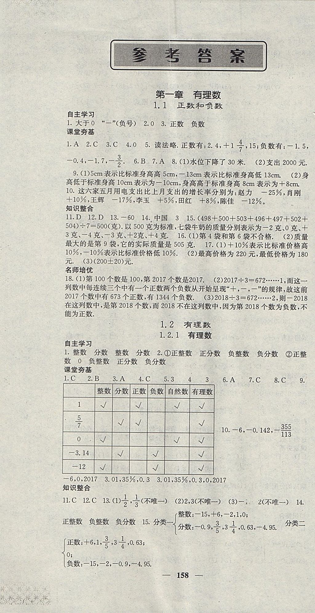 2017年名校课堂内外七年级数学上册人教版 参考答案第1页