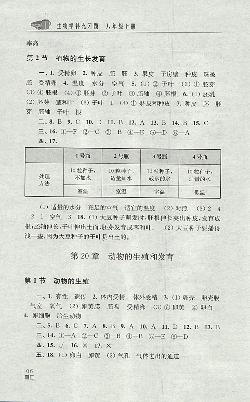 2017年生物學(xué)補(bǔ)充習(xí)題八年級上冊蘇科版江蘇鳳凰科學(xué)技術(shù)出版社 參考答案第6頁