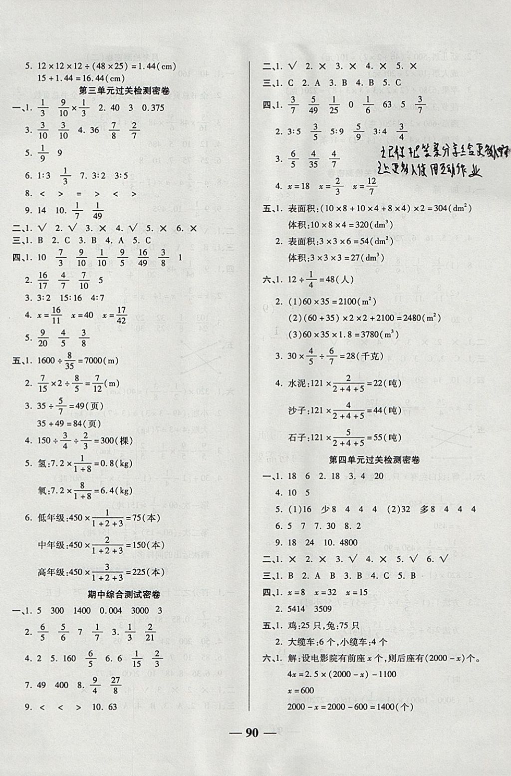 2017年金质教辅一卷搞定冲刺100分六年级数学上册苏教版 参考答案第2页