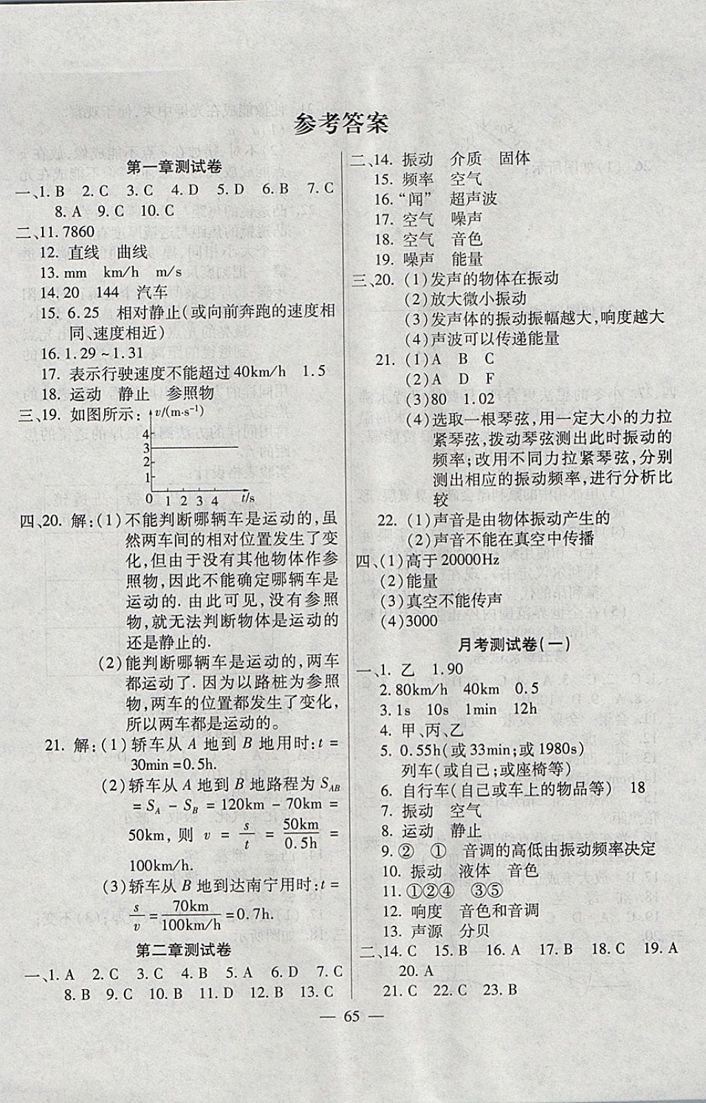 2017年名师金考卷八年级物理上册人教版 参考答案第1页