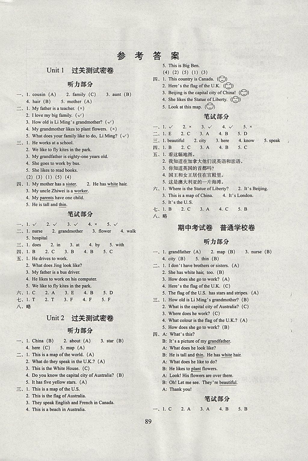 2017年期末沖刺100分完全試卷五年級英語上冊冀教版 參考答案第1頁