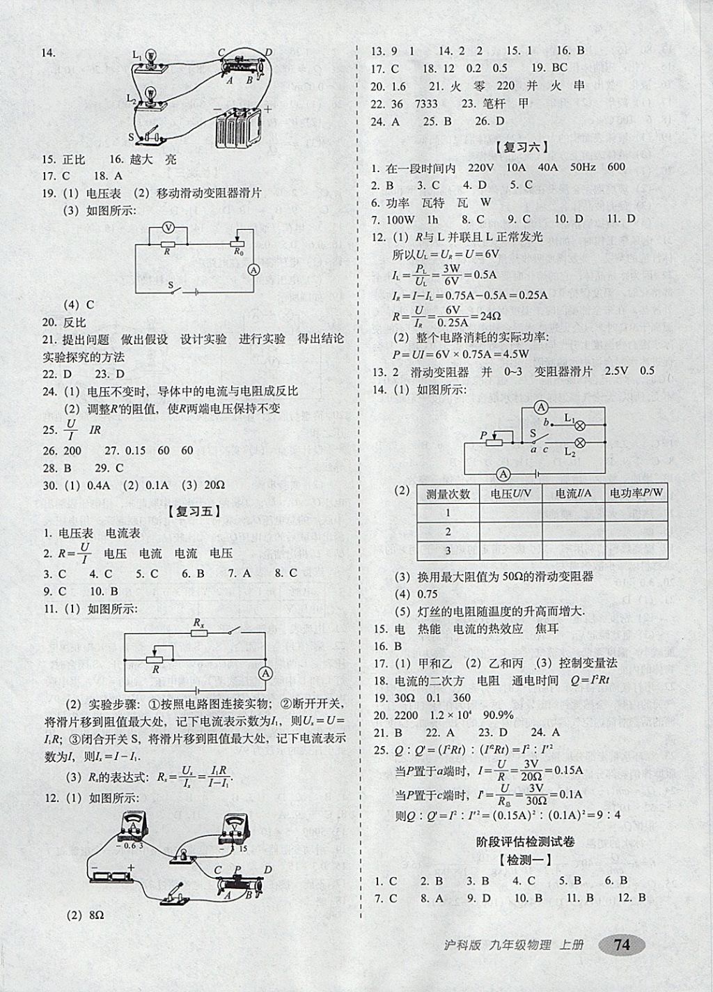 2017年聚能闖關期末復習沖刺卷九年級物理上冊滬科版 參考答案第2頁