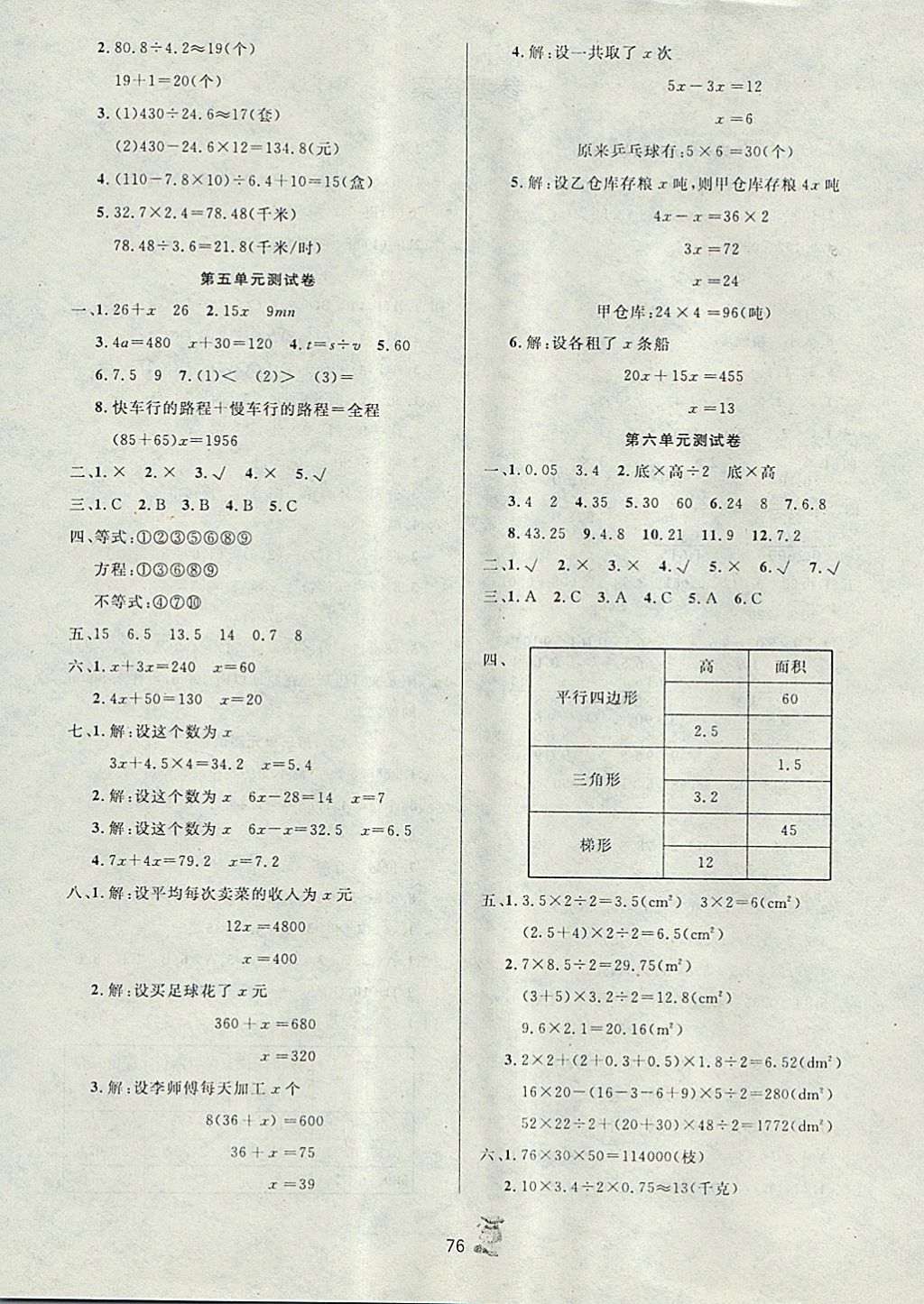 2017年百分金卷奪冠密題五年級數(shù)學上冊人教版 參考答案第4頁