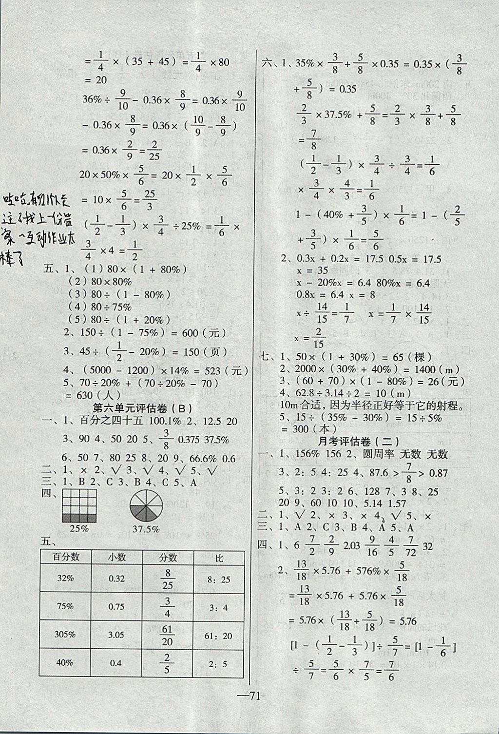 2017年考卷王單元檢測評估卷六年級數(shù)學(xué)上冊人教版 參考答案第7頁