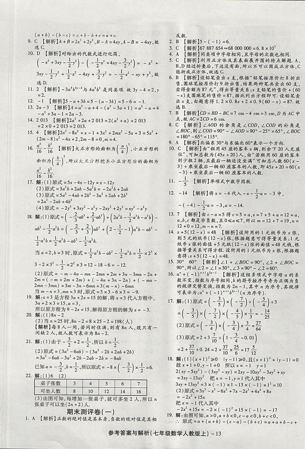 2017年练考通全优卷七年级数学上册人教版 参考答案第13页