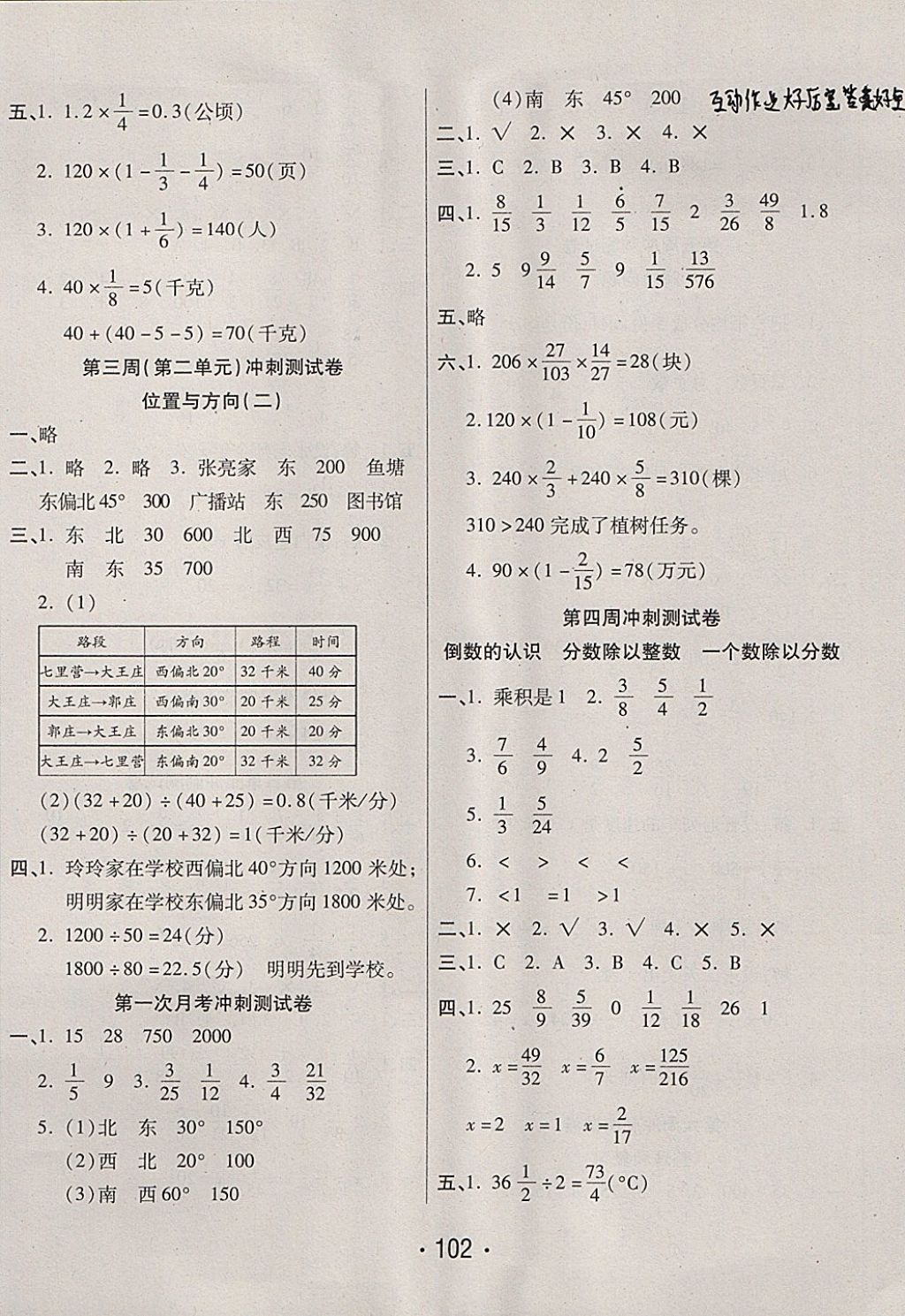 2017年沖刺100分六年級(jí)數(shù)學(xué)上冊(cè)人教版西安出版社 參考答案第2頁