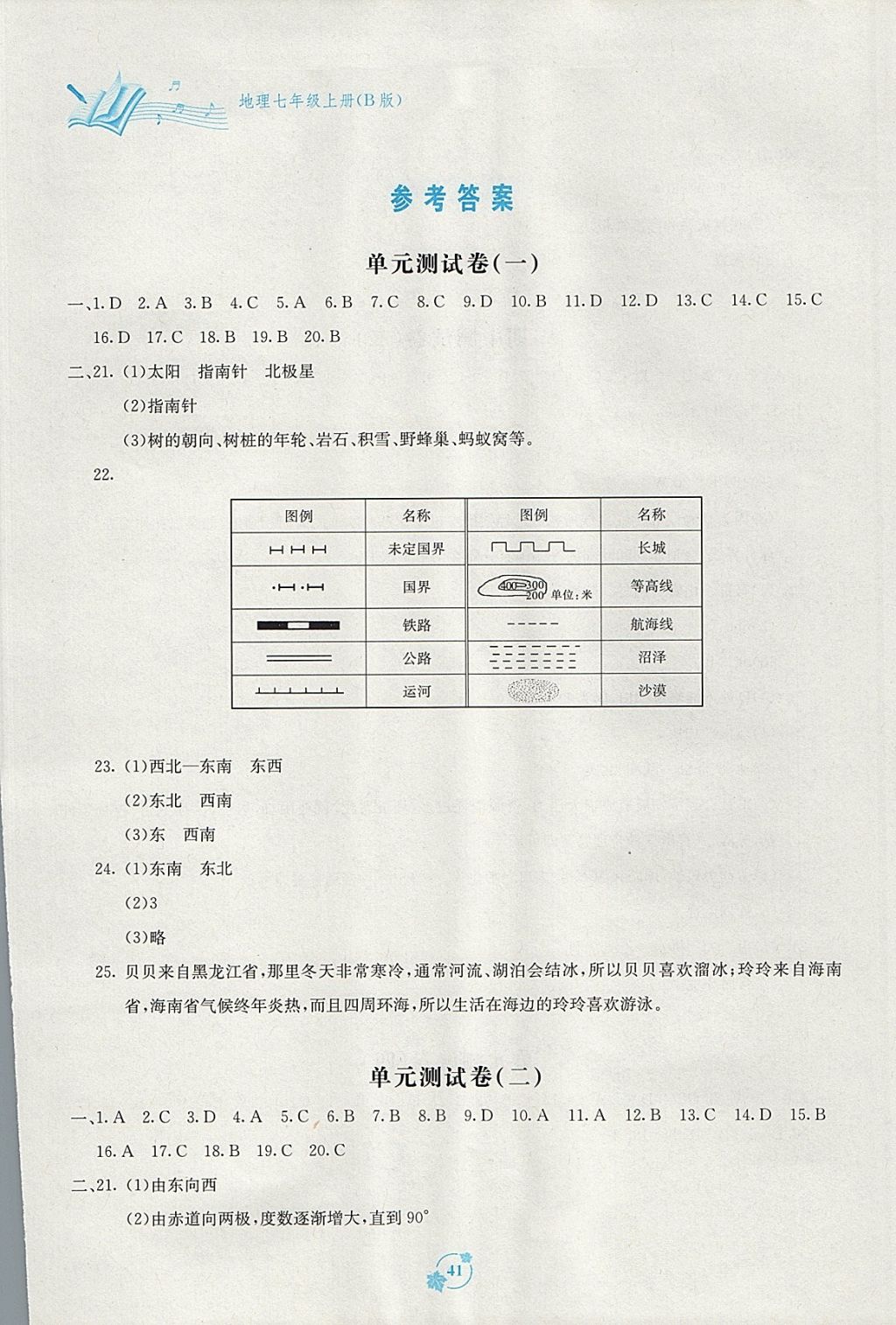 2017年自主學習能力測評單元測試七年級地理上冊B版 參考答案第1頁