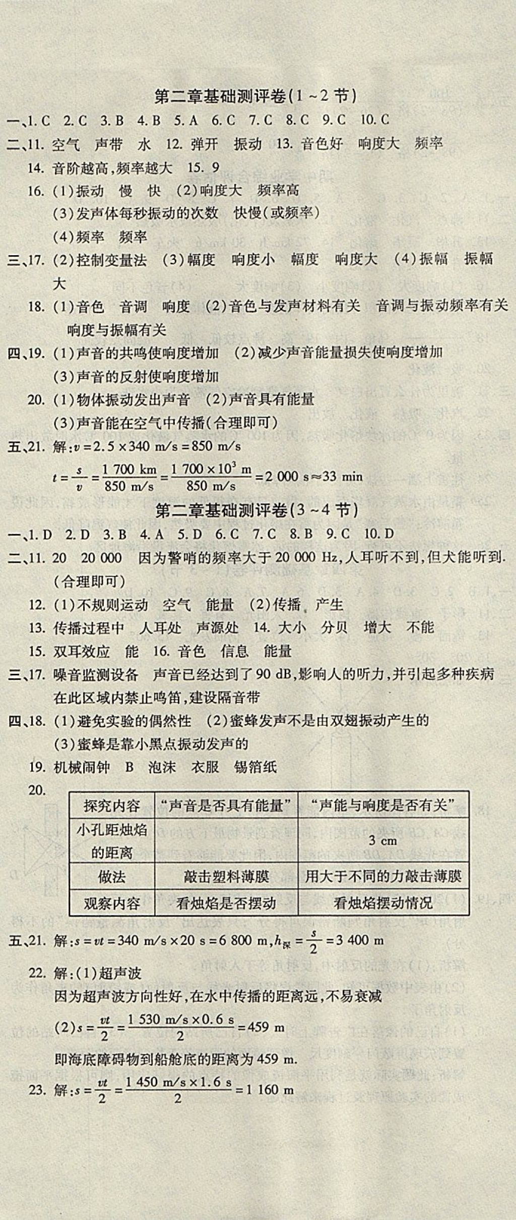 2017年一線調(diào)研卷八年級物理上冊人教版 參考答案第2頁