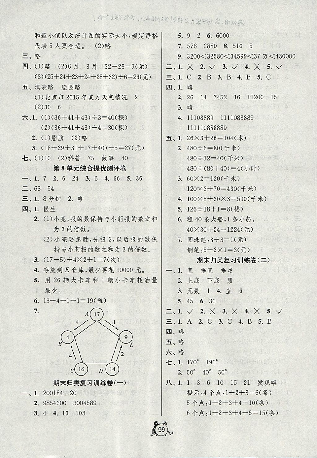 2017年單元雙測同步達標活頁試卷四年級數(shù)學上冊人教版 參考答案第7頁