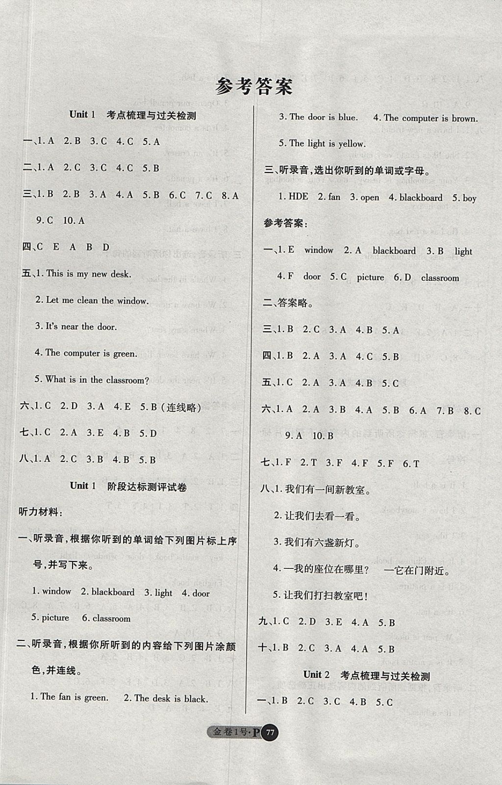 2017年培優(yōu)小狀元培優(yōu)金卷1號(hào)四年級(jí)英語(yǔ)上冊(cè)人教PEP版 參考答案第1頁(yè)