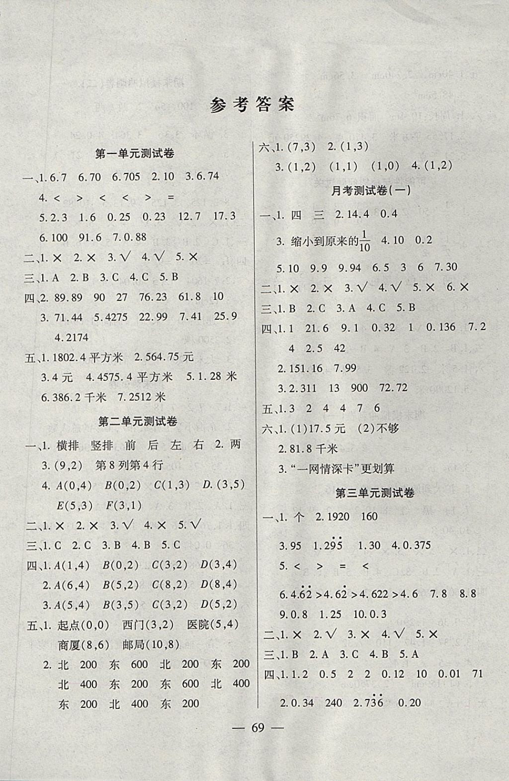 2017年智優(yōu)教輔全能金卷五年級數學上冊人教版 參考答案第1頁