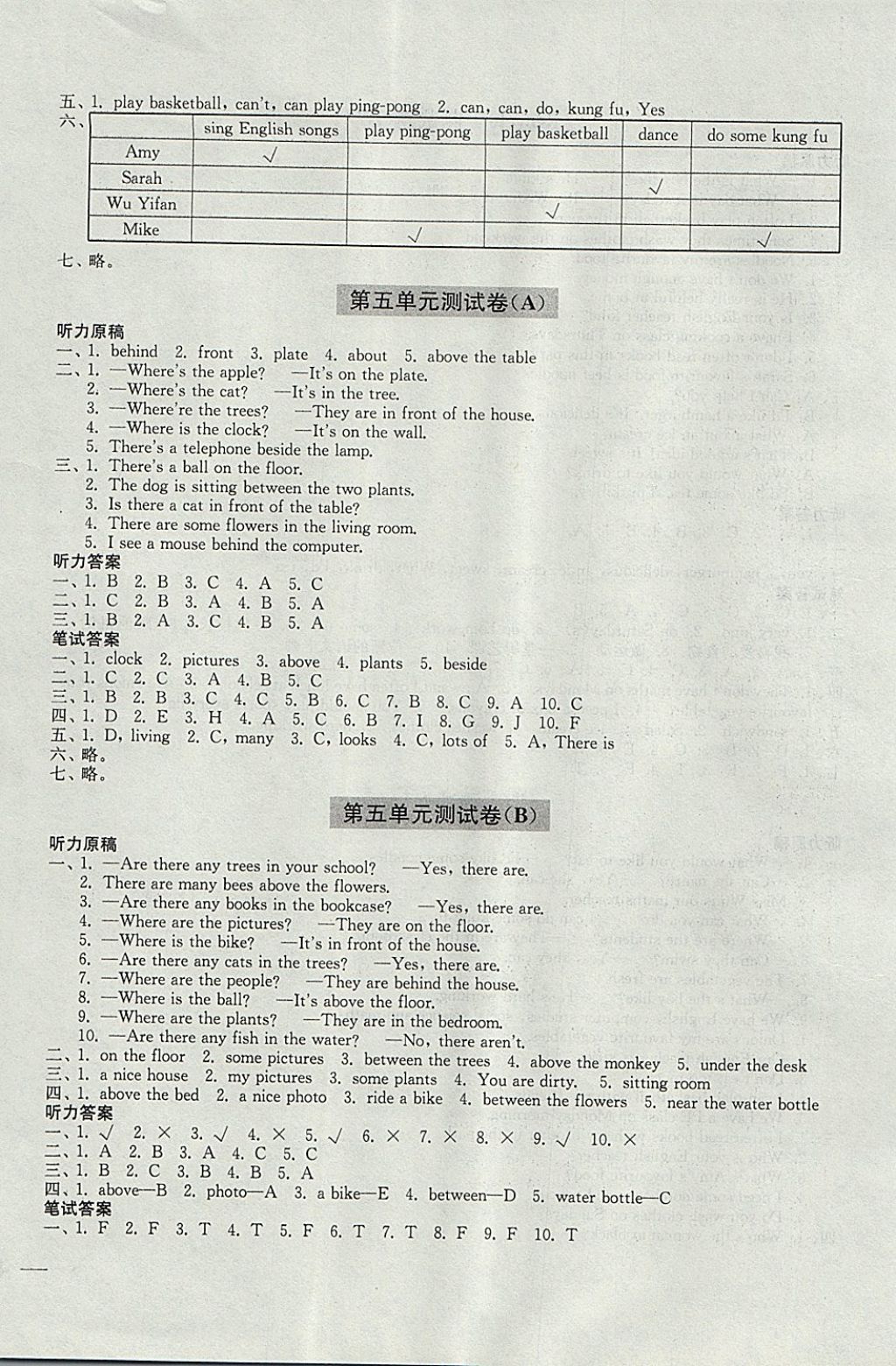 2017年隨堂測試卷五年級英語上冊人教PEP版江蘇鳳凰美術(shù)出版社 參考答案第8頁