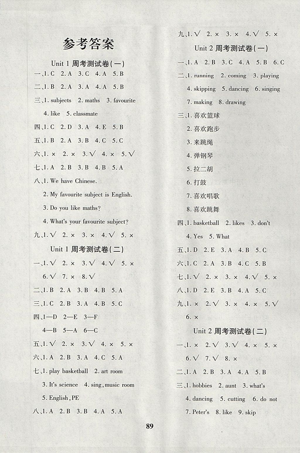 2017年教育世家狀元卷四年級英語上冊魯科版五四制 參考答案第1頁