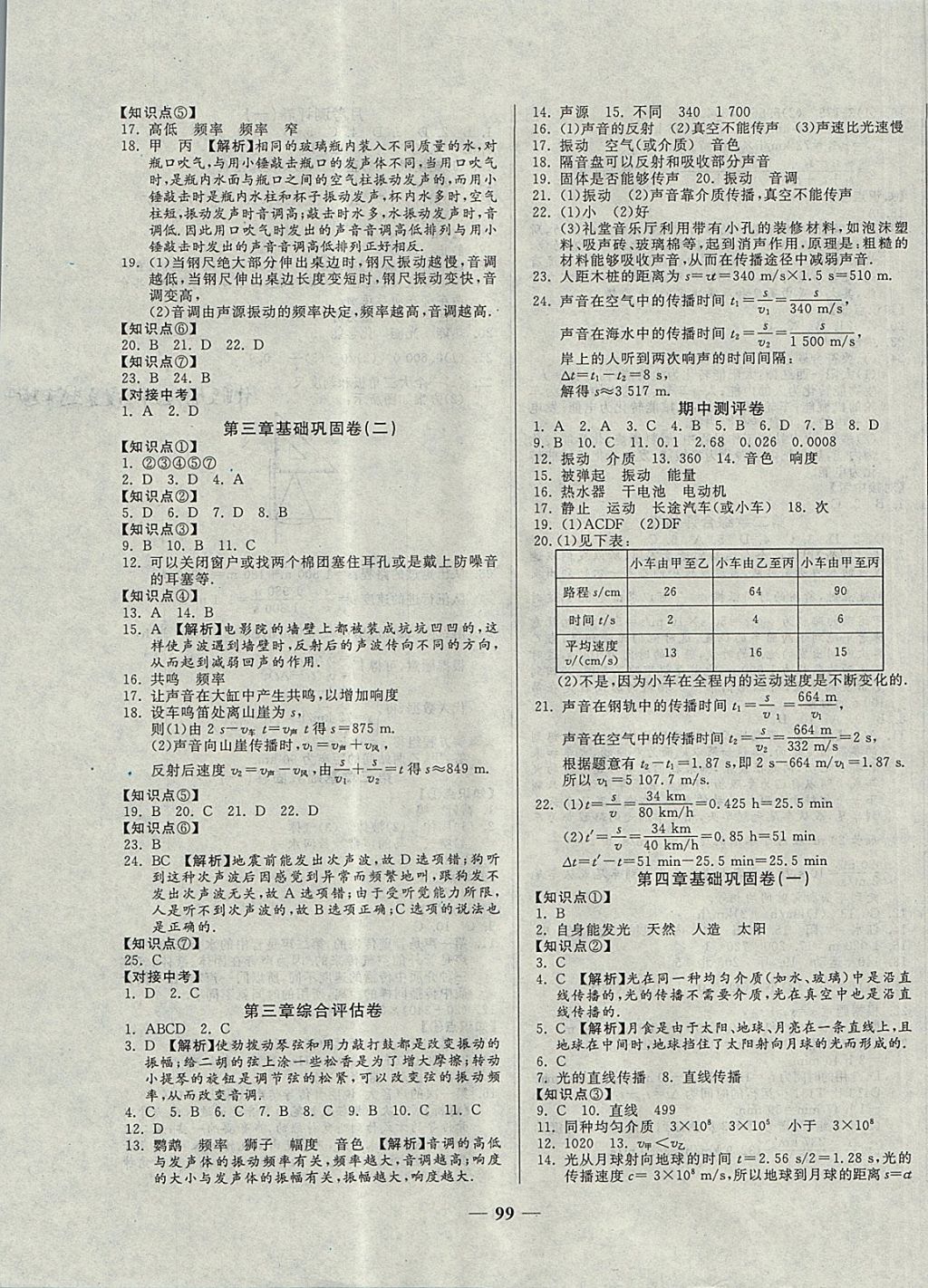 2017年單元優(yōu)化全能練考卷八年級物理上冊教科版 參考答案第3頁