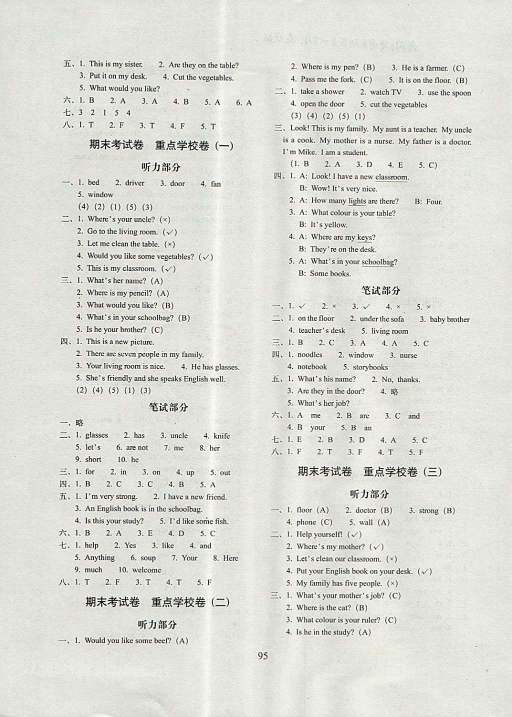 2017年期末沖刺100分完全試卷四年級英語上冊人教PEP版三起 參考答案第7頁