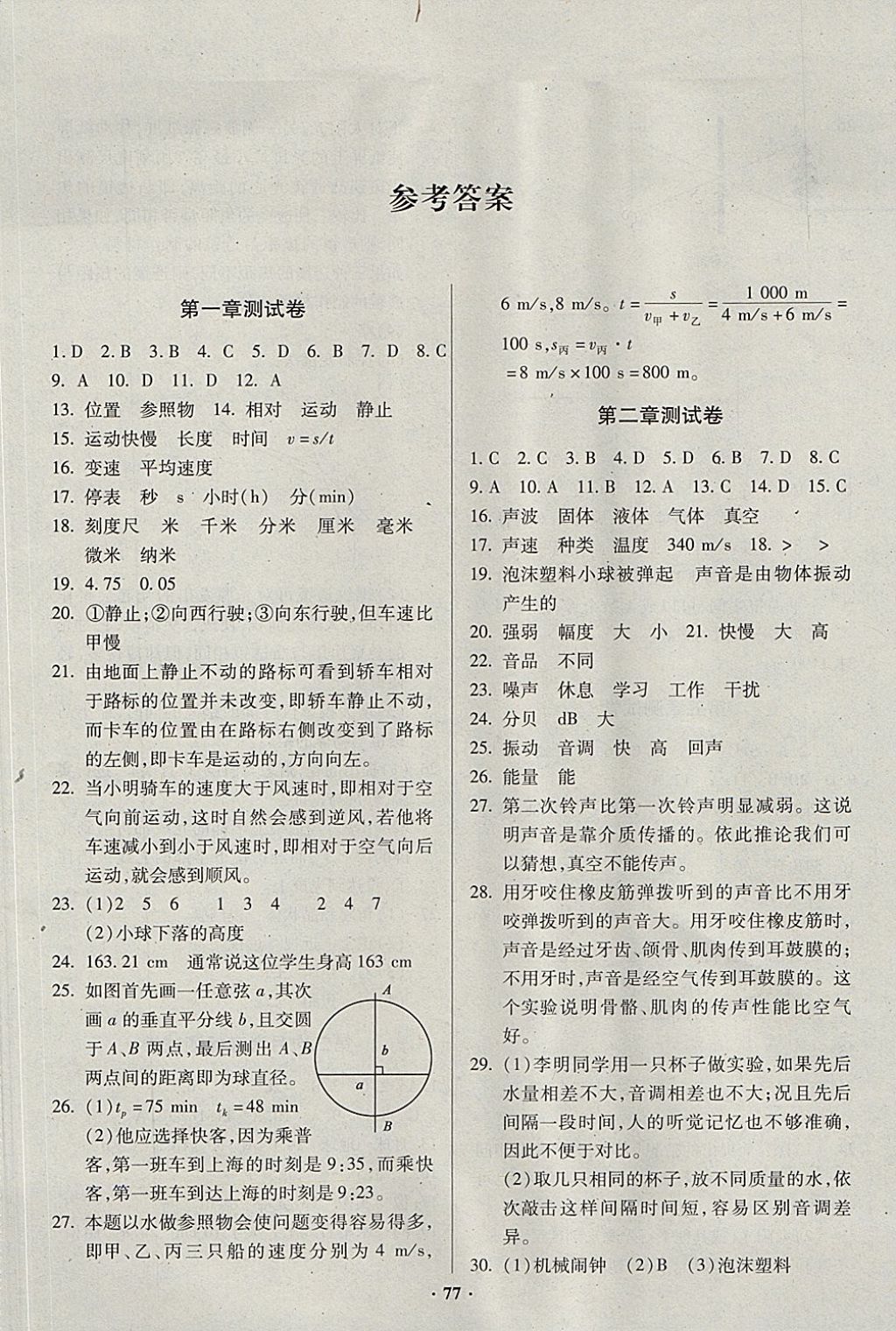 2017年优化夺标单元测试卷八年级物理上册人教版 参考答案第1页