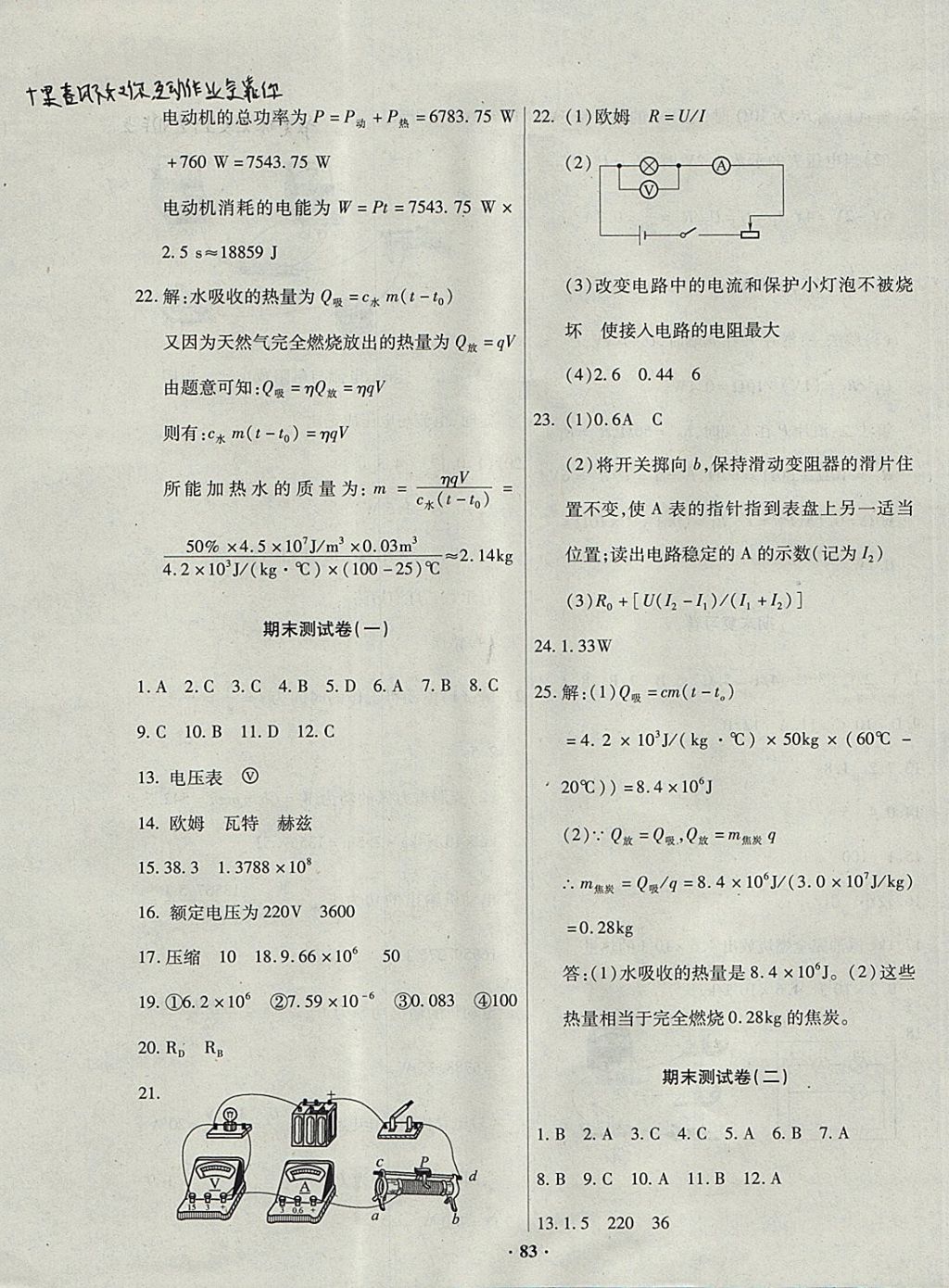 2017年優(yōu)化奪標單元測試卷九年級物理上冊人教版 參考答案第11頁