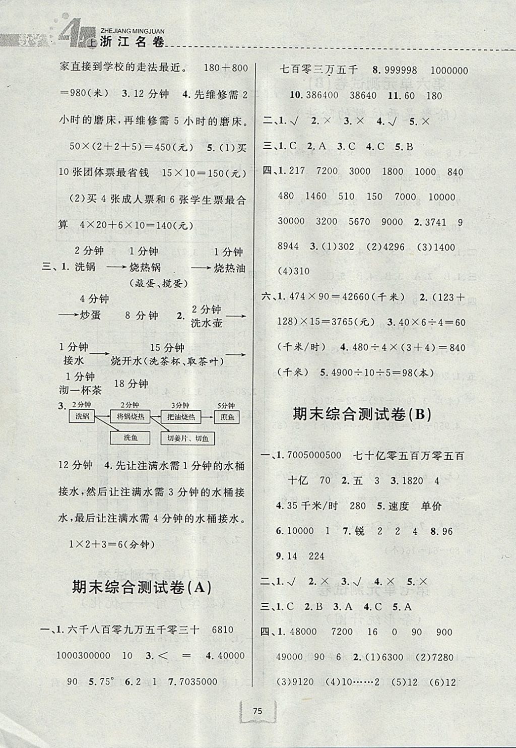 2017年浙江名卷四年级数学上册人教版 参考答案第7页