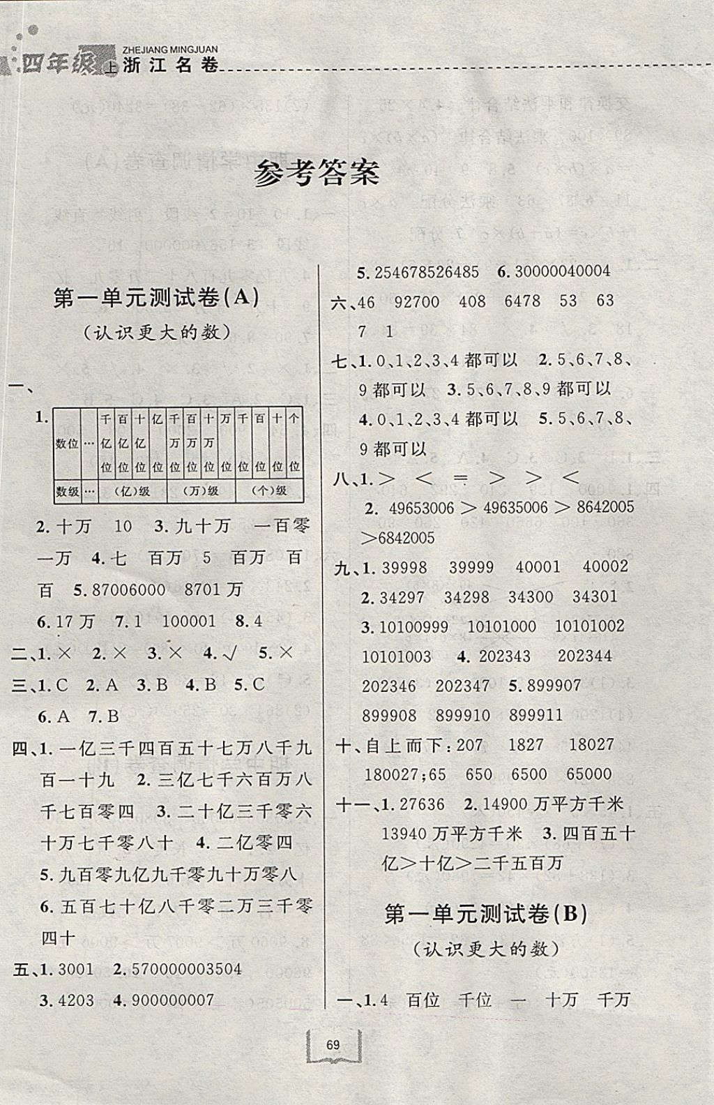 2017年浙江名卷四年级数学上册北师大版 参考答案第1页