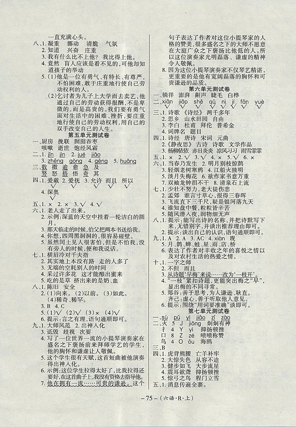 2017年优佳好卷六年级语文上册人教版 参考答案第4页