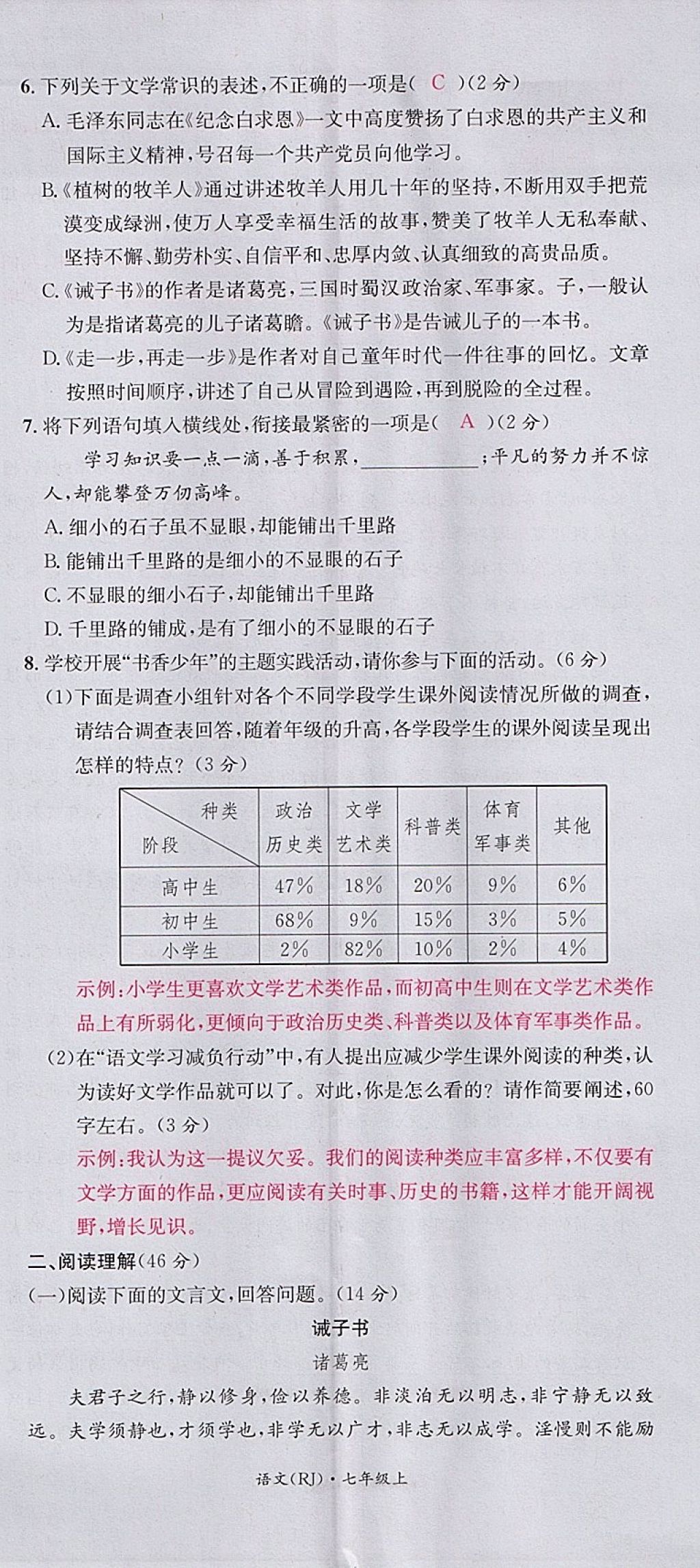 2017年名校測試卷七年級語文上冊廣州經(jīng)濟出版社 參考答案第20頁