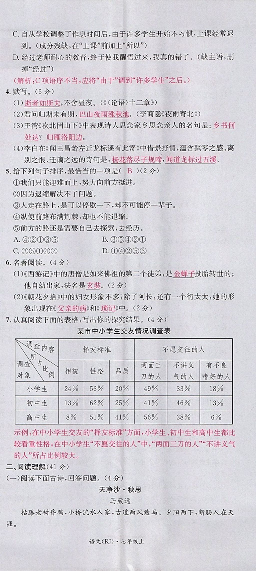 2017年名校測(cè)試卷七年級(jí)語文上冊(cè)廣州經(jīng)濟(jì)出版社 參考答案第74頁