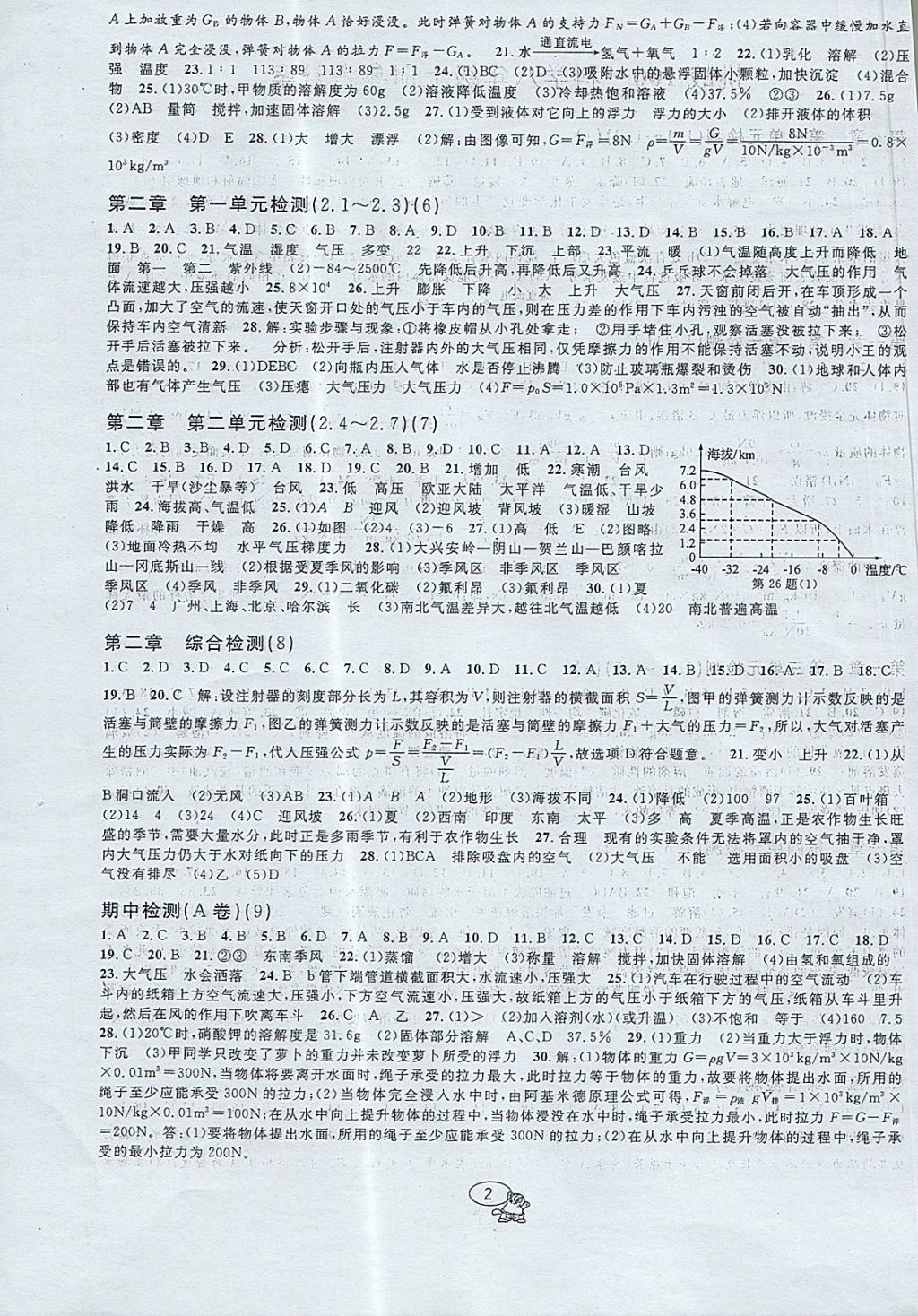 2017年挑战100单元检测试卷八年级科学上册 参考答案第2页