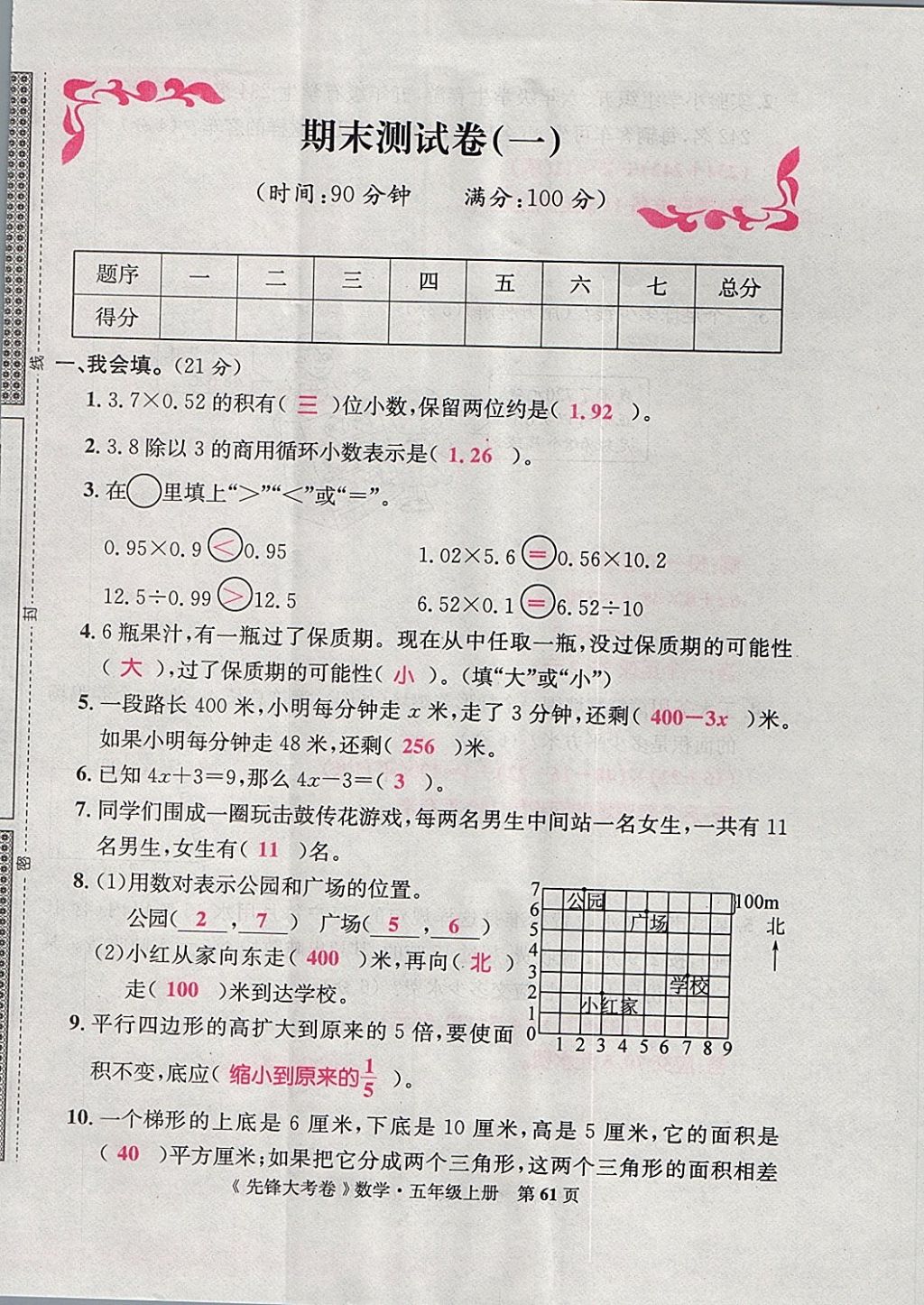 2017年單元加期末復(fù)習(xí)先鋒大考卷五年級(jí)數(shù)學(xué)上冊(cè)人教版 參考答案第61頁(yè)