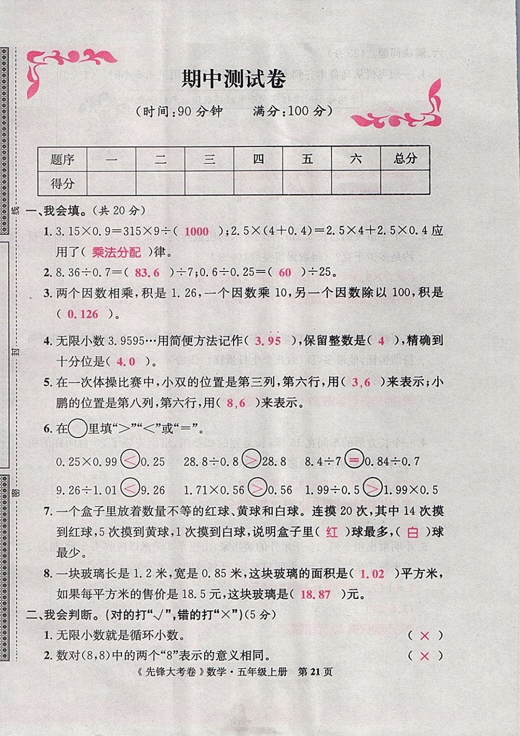 2017年單元加期末復(fù)習(xí)先鋒大考卷五年級(jí)數(shù)學(xué)上冊(cè)人教版 參考答案第21頁(yè)