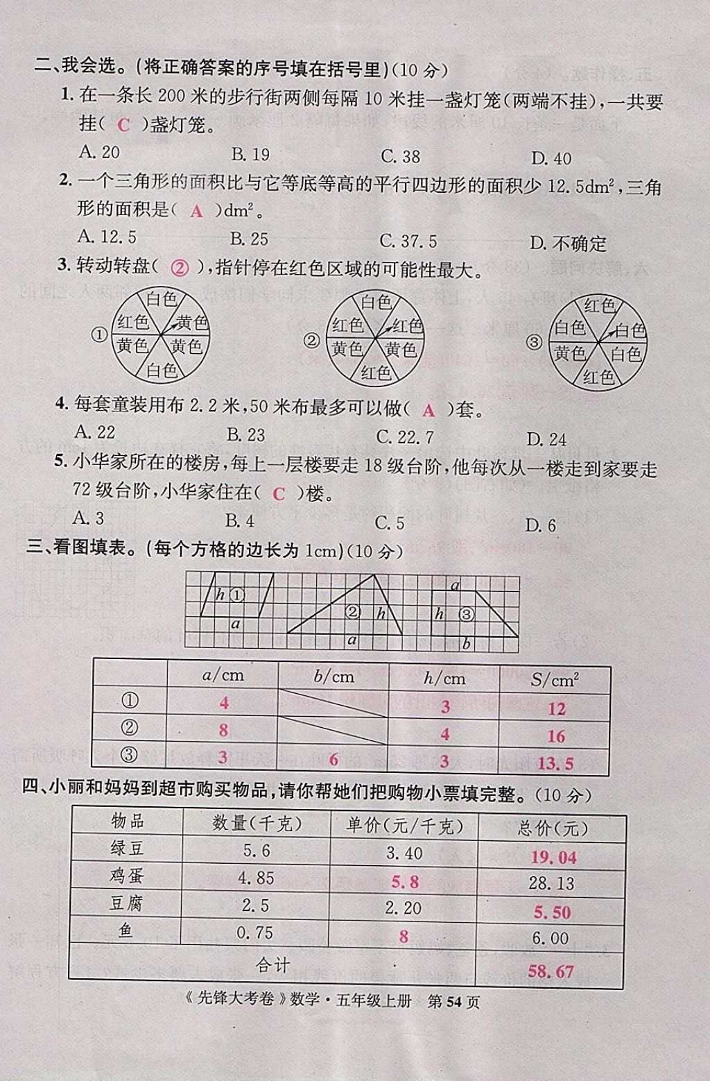 2017年單元加期末復(fù)習(xí)先鋒大考卷五年級數(shù)學(xué)上冊人教版 參考答案第54頁