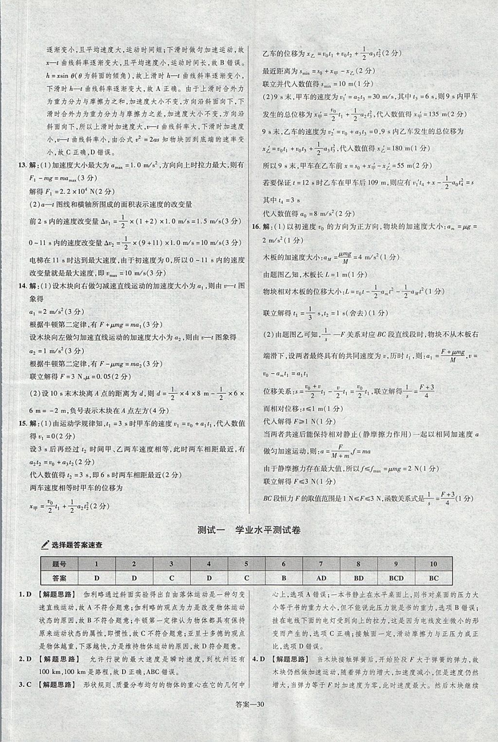 2018年金考卷活頁題選名師名題單元雙測卷高中物理必修1滬科版 參考答案第30頁