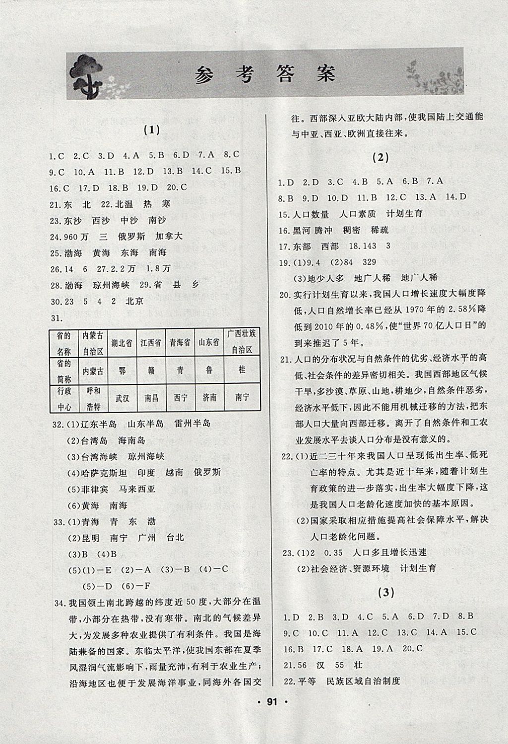 2017年試題優(yōu)化課堂同步八年級地理上冊人教版 參考答案第1頁