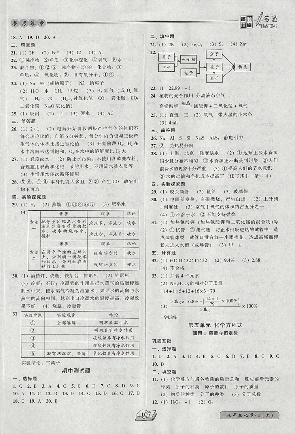 2017年名師課堂一練通九年級化學(xué)上冊人教版 參考答案第8頁