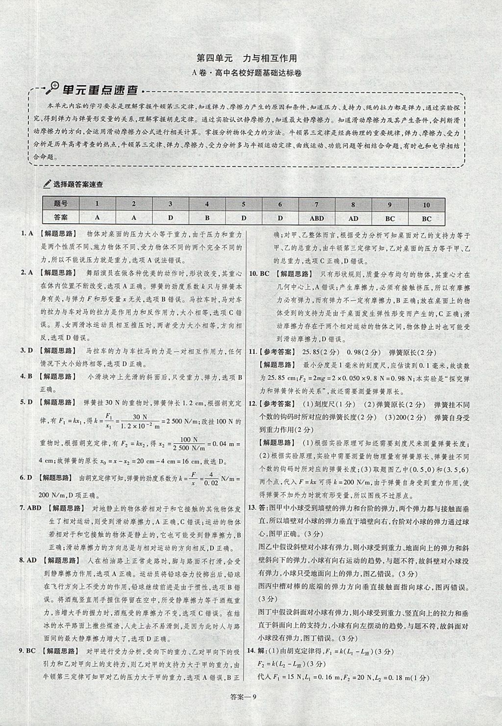 2018年金考卷活頁題選名師名題單元雙測卷高中物理必修1滬科版 參考答案第9頁