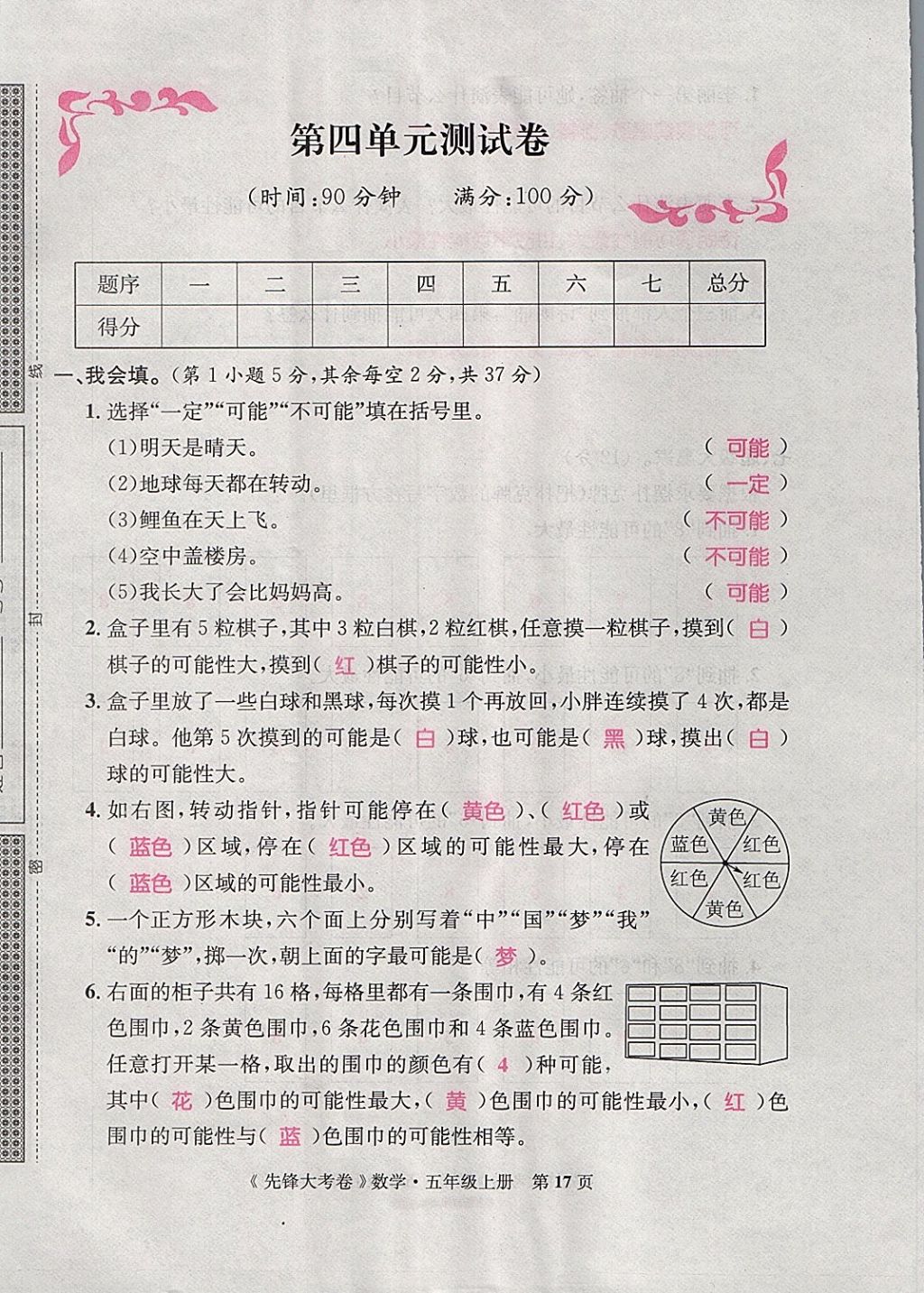 2017年單元加期末復(fù)習(xí)先鋒大考卷五年級數(shù)學(xué)上冊人教版 參考答案第17頁