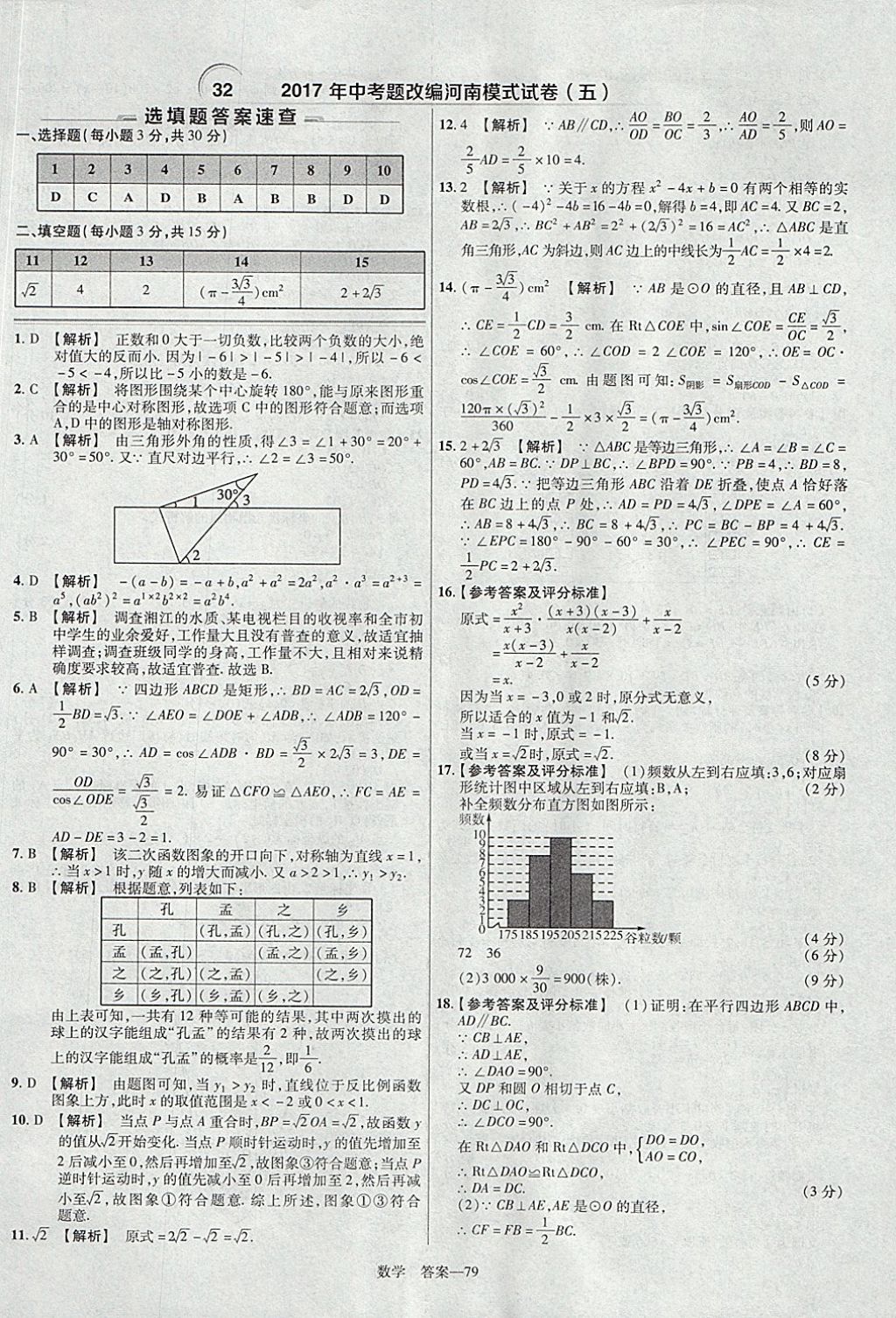 2018年金考卷河南中考45套匯編數(shù)學(xué)第9年第9版 參考答案第79頁