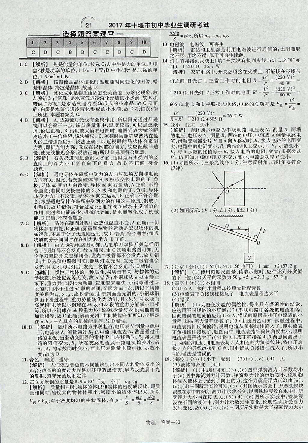 2018年金考卷湖北中考45套匯編物理第13年第13版 參考答案第32頁