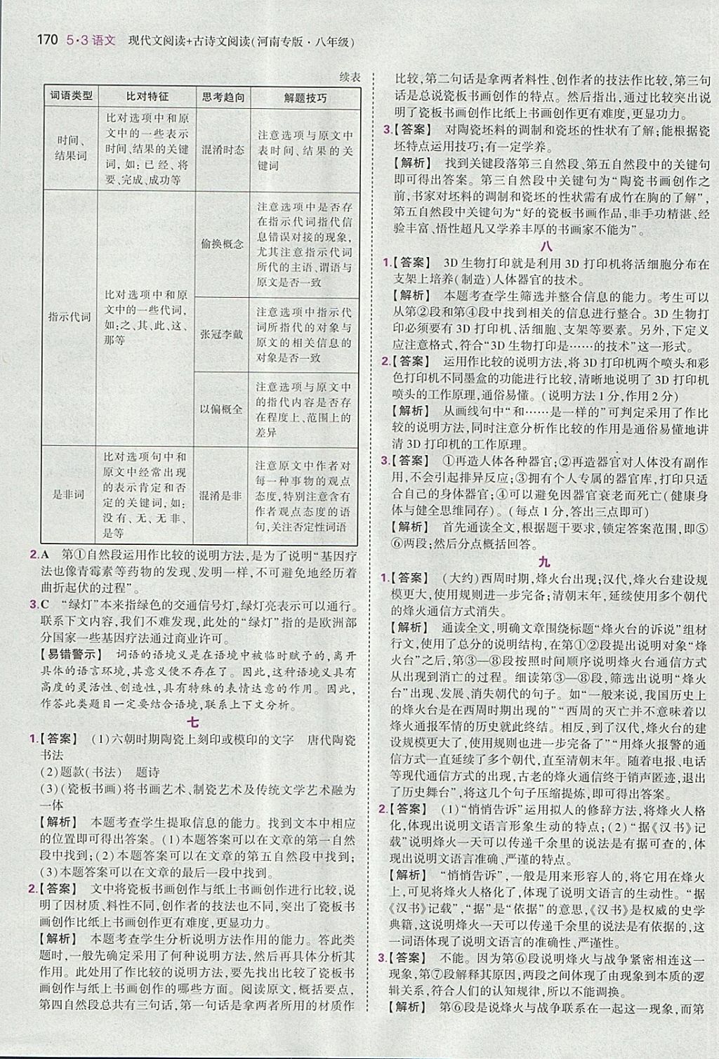 2018年53语文八年级现代文阅读加古诗文阅读河南专版 参考答案第24页