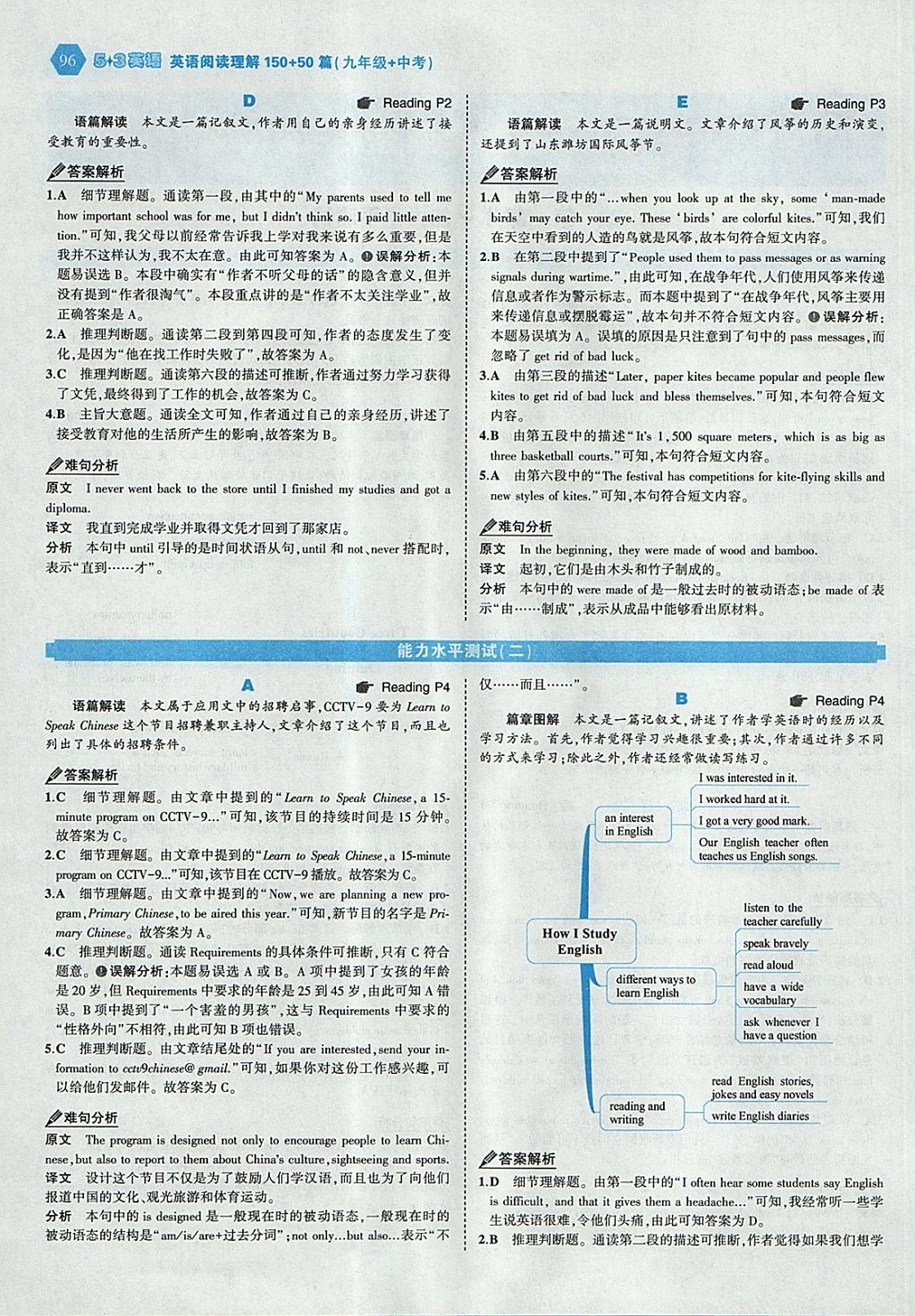 2018年53English九年级加中考英语阅读理解150加50篇 参考答案第2页