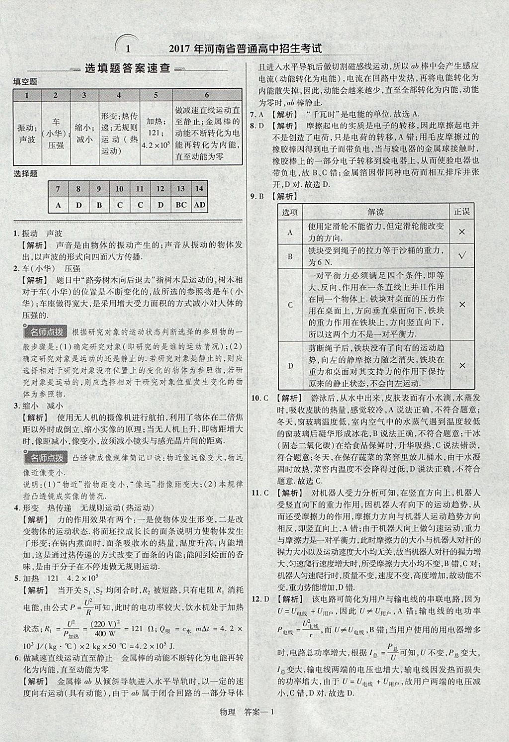 2018年金考卷河南中考45套汇编物理第9年第9版 参考答案第1页