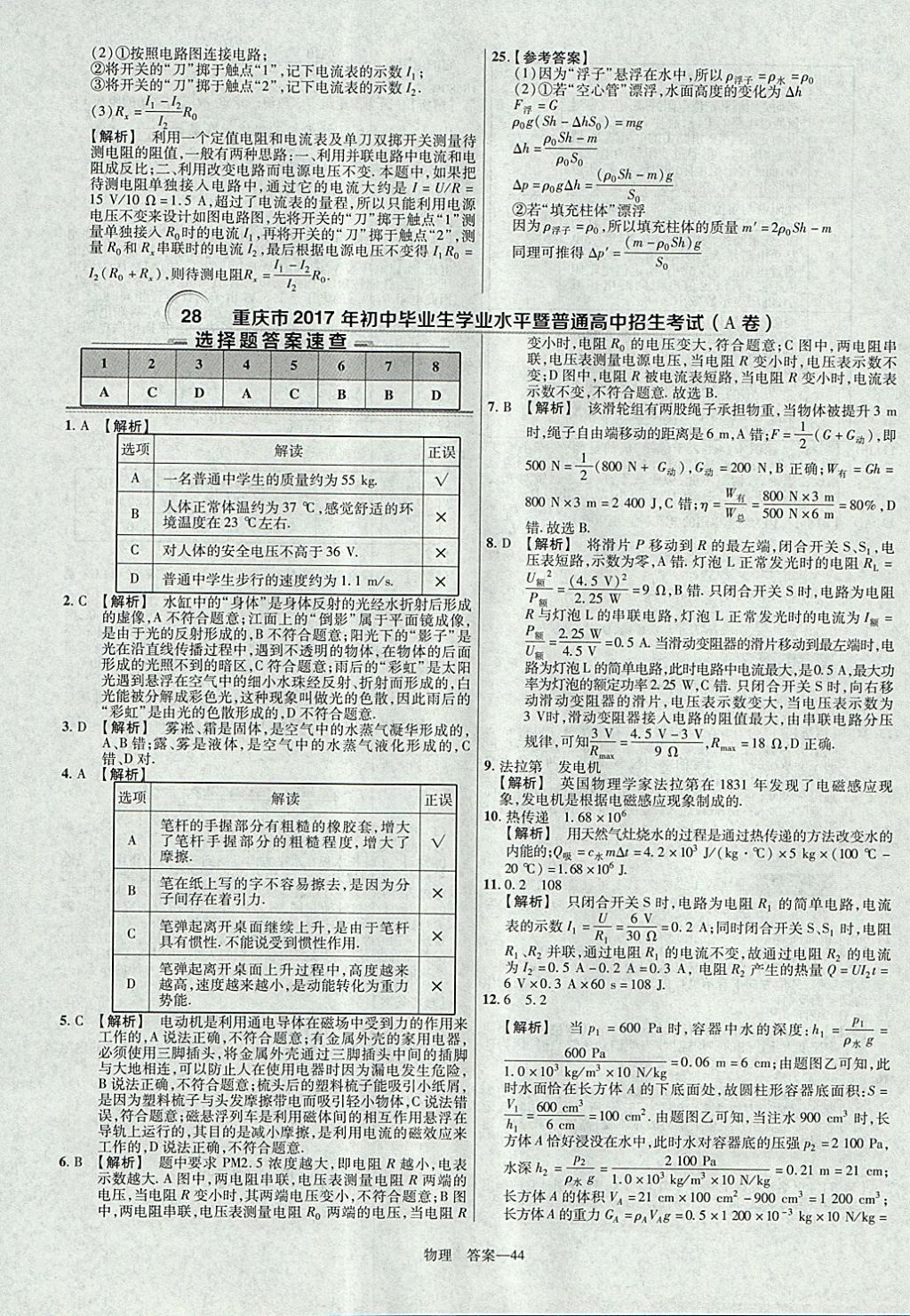 2018年金考卷湖北中考45套匯編物理第13年第13版 參考答案第44頁(yè)