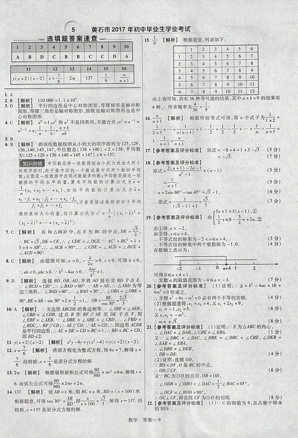 2018年金考卷湖北中考45套汇编数学第13年第13版 参考答案第9页