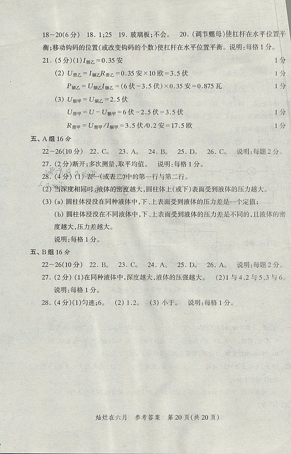 2018年?duì)N爛在六月上海中考真卷物理 參考答案第20頁