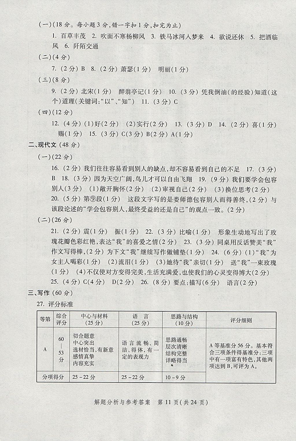 2018年灿烂在六月上海中考真卷语文 参考答案第11页