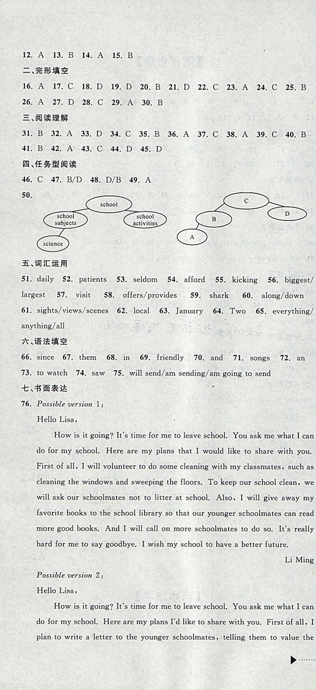 2018年中考必備2017中考利劍浙江省中考試卷匯編英語 參考答案第10頁