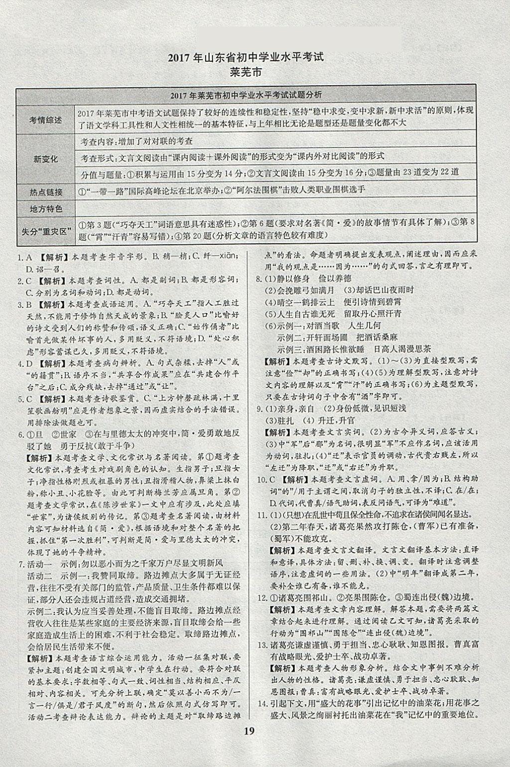 2018年智樂文化山東省初中學業(yè)水平考試專用中考真題匯編語文 參考答案第19頁