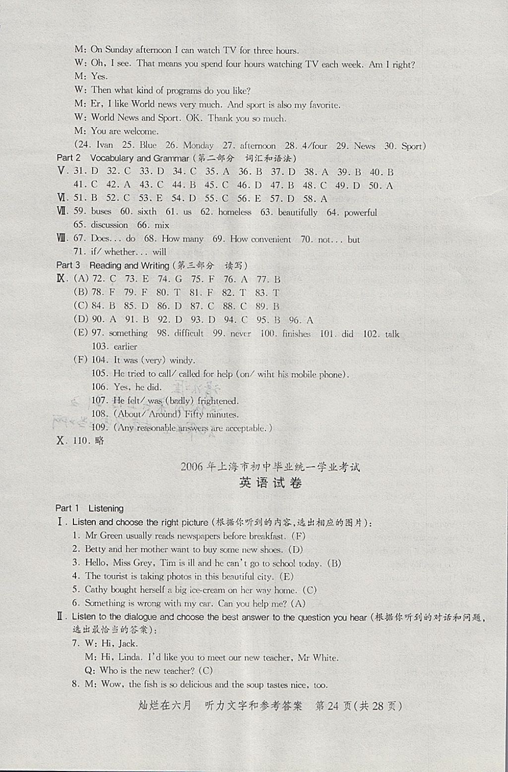 2018年?duì)N爛在六月上海中考真卷英語(yǔ) 參考答案第24頁(yè)