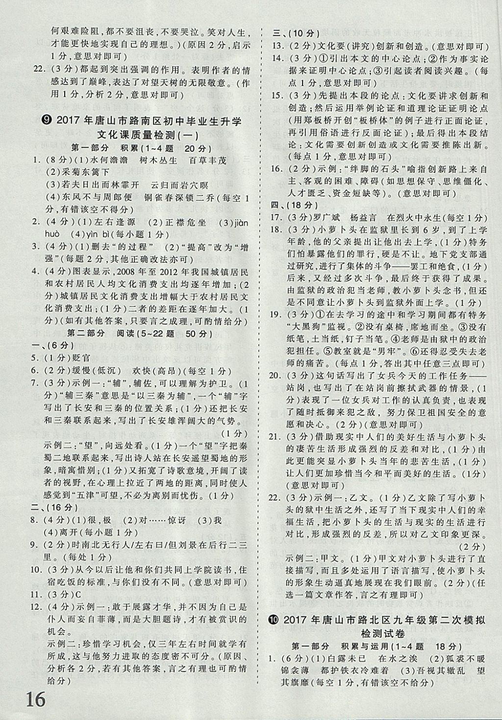 2018年河北省王朝霞中考零距离真题详解19套语文 参考答案第16页