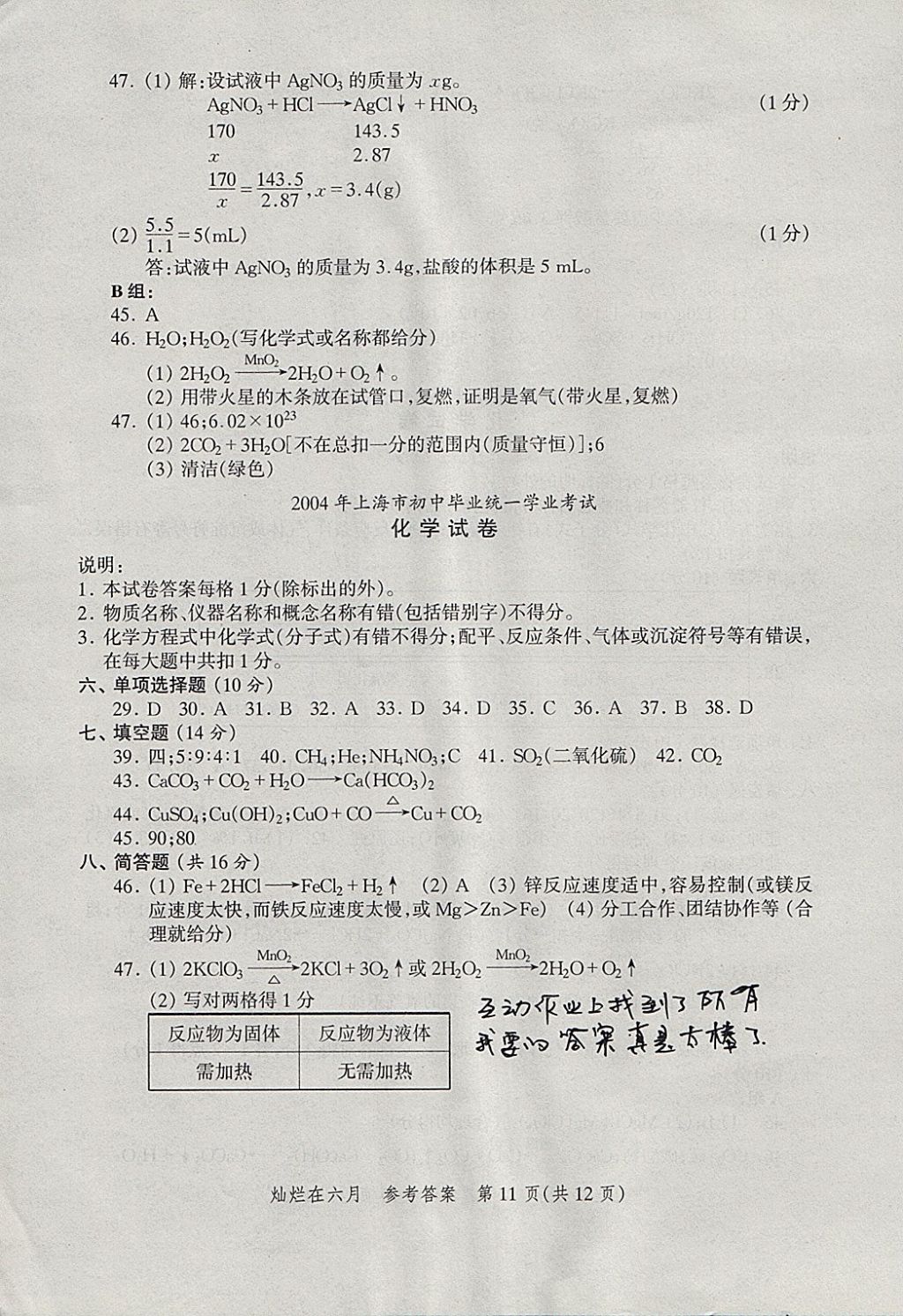 2018年灿烂在六月上海中考真卷化学 参考答案第11页